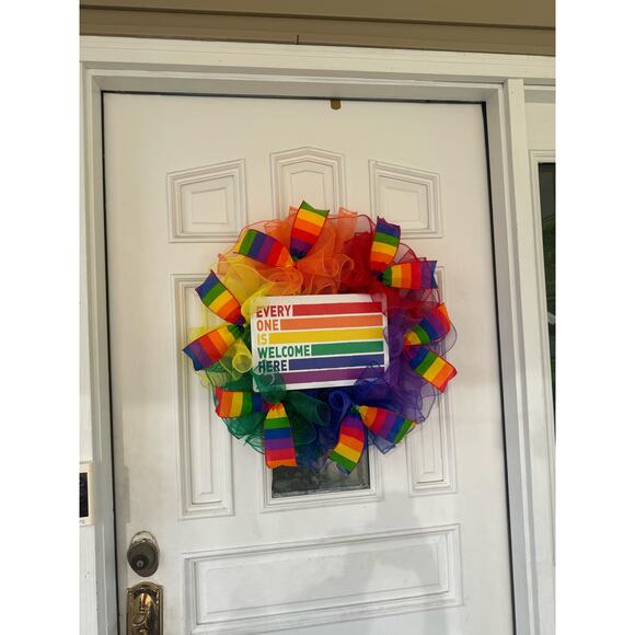 Everyone is Welcome Here Rainbow Pride Flag LGBTQ Sign Mesh Ribbon Wreath - Picture 8 of 8